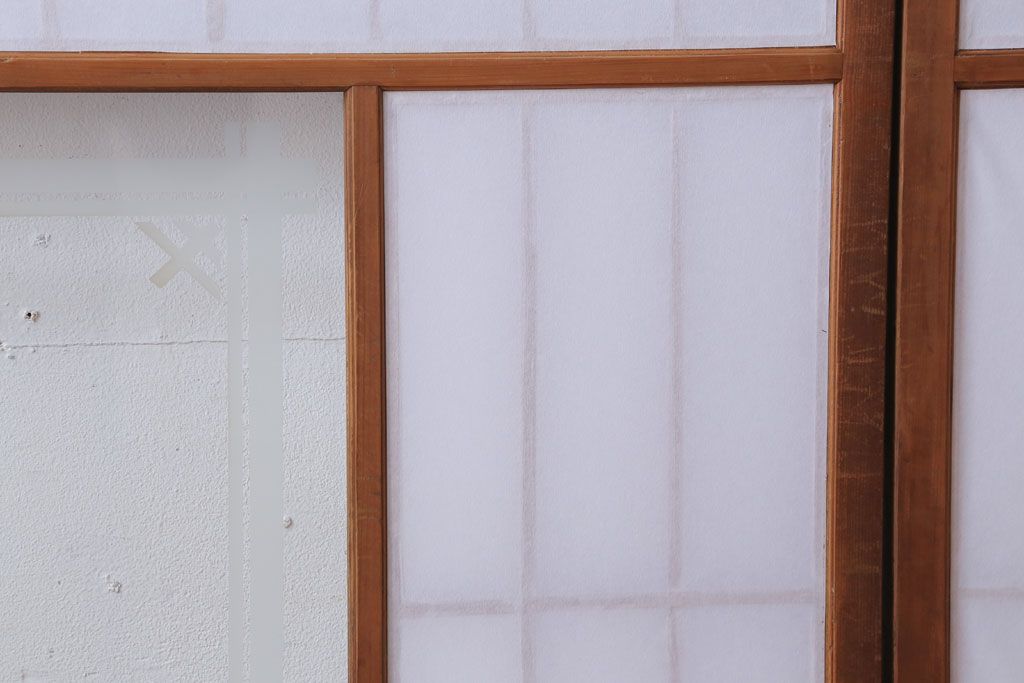 和製アンティーク　腰板黒柿材!デザインガラス入りの古い雪見障子戸2枚セット(1)