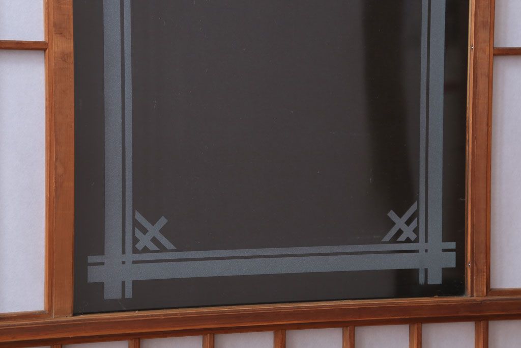  和製アンティーク　腰板黒柿材!デザインガラス入りの古い雪見障子戸2枚セット(2)(引き戸、擦り上げ障子戸、擦上障子戸)