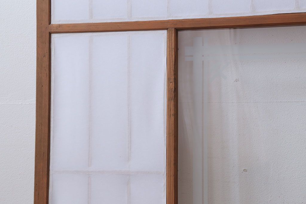  和製アンティーク　腰板黒柿材!デザインガラス入りの古い雪見障子戸2枚セット(2)