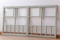 アンティーク　ミントグリーンペイントのガラス戸2枚セット(窓)(1)
