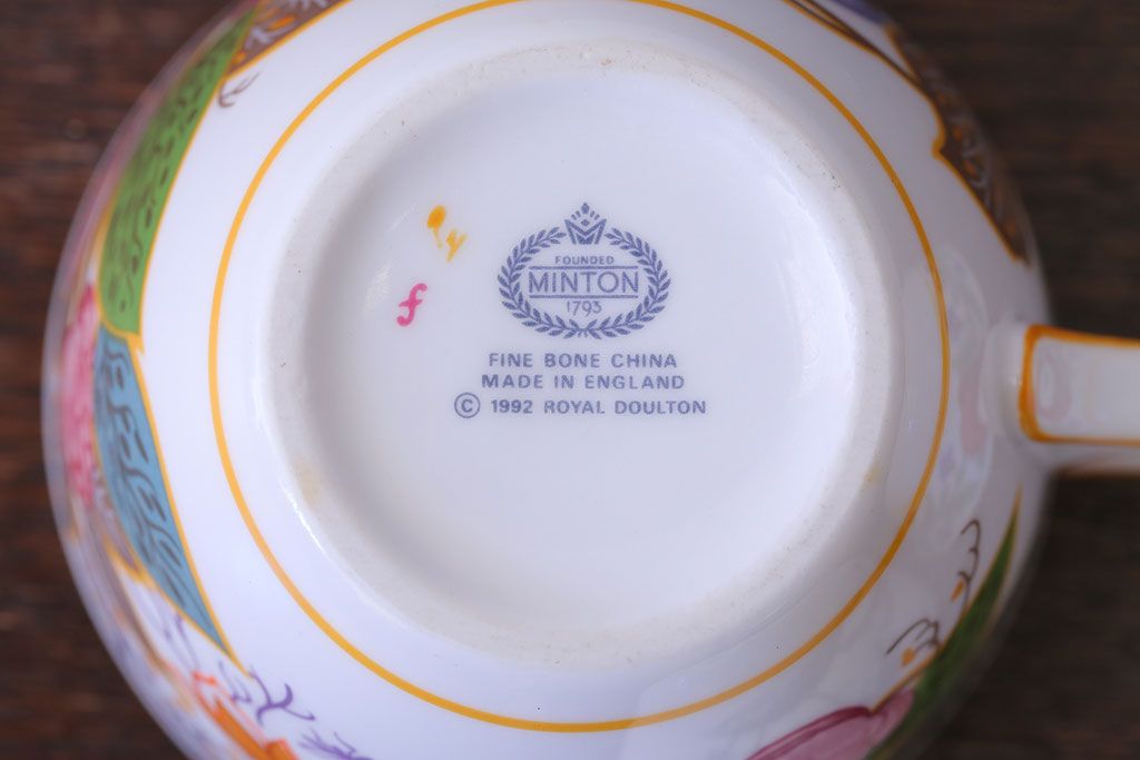 アンティーク雑貨　中古　イギリスMINTON(ミントン)　Peonies・poppies・blue landscape　カップ&ソーサー3客セット(洋食器)