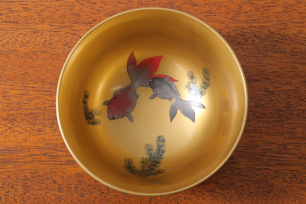 アンティーク雑貨　アンティーク　大正〜昭和初期　金魚の図　木製蒔絵盃洗(漆器)(1)