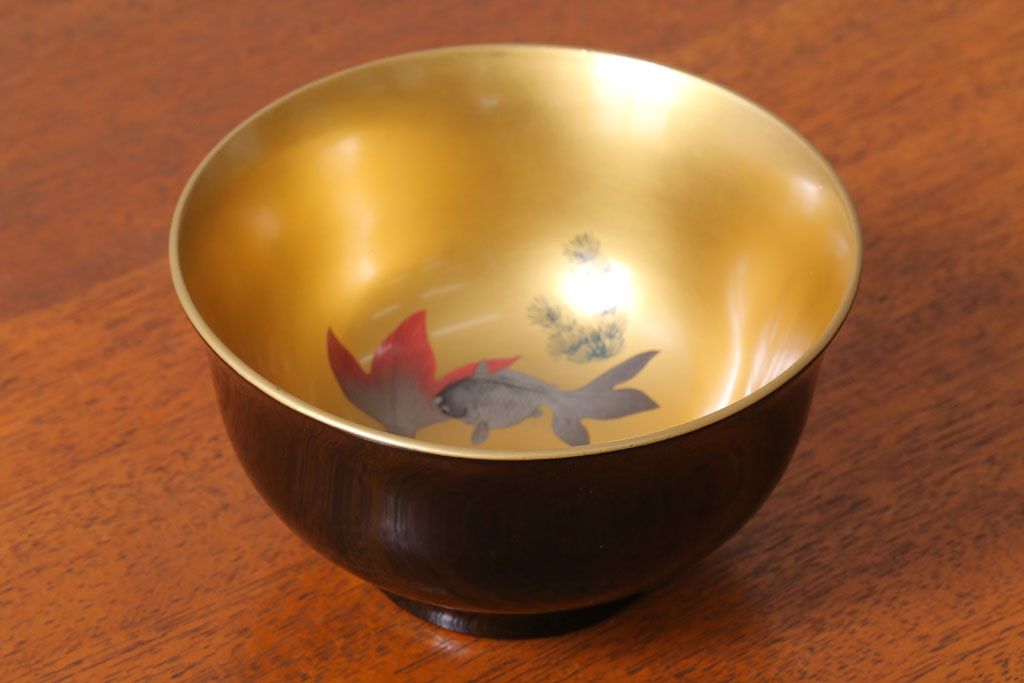 アンティーク雑貨　アンティーク　大正〜昭和初期　金魚の図　木製蒔絵盃洗(漆器)(1)