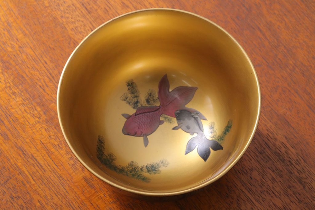 アンティーク雑貨　和製アンティーク　大正〜昭和初期　金魚の図　木製蒔絵盃洗(漆器)(2)