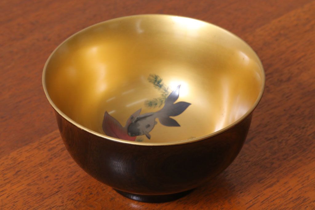 アンティーク雑貨　和製アンティーク　大正〜昭和初期　金魚の図　木製蒔絵盃洗(漆器)(2)