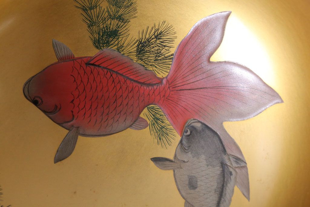 アンティーク雑貨　和製アンティーク　大正〜昭和初期　金魚の図　木製蒔絵盃洗(漆器)(2)