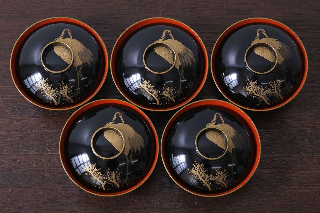 アンティーク雑貨　アンティーク　昭和二年　木製の鶴蒔絵椀5客セット(漆器)