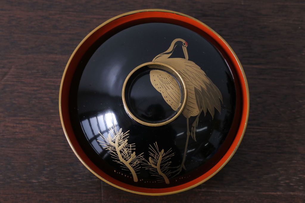 アンティーク雑貨　アンティーク　昭和二年　木製の鶴蒔絵椀5客セット(漆器)
