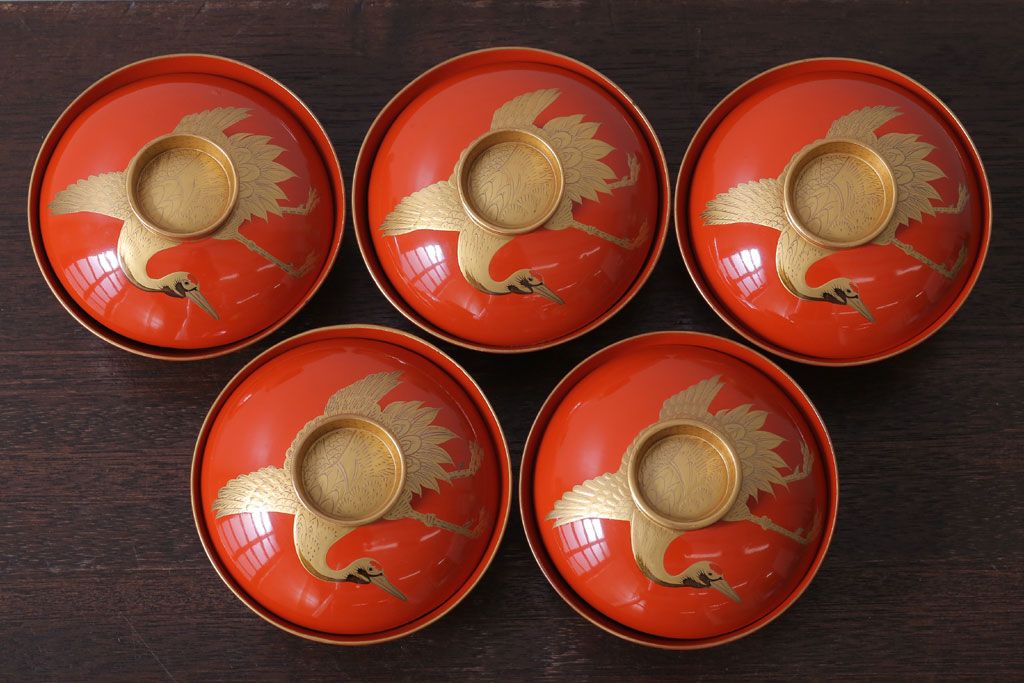アンティーク雑貨　アンティーク　大正〜昭和初期　木製の鶴蒔絵椀5客セット(漆器)