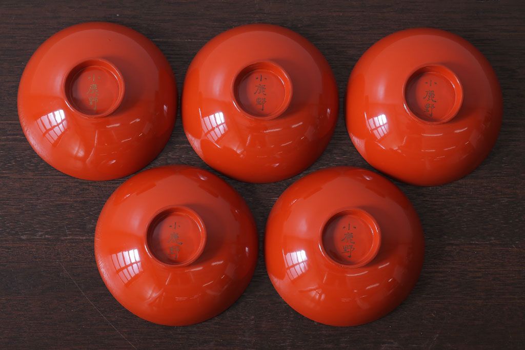 アンティーク雑貨　アンティーク　大正〜昭和初期　木製の鶴蒔絵椀5客セット(漆器)