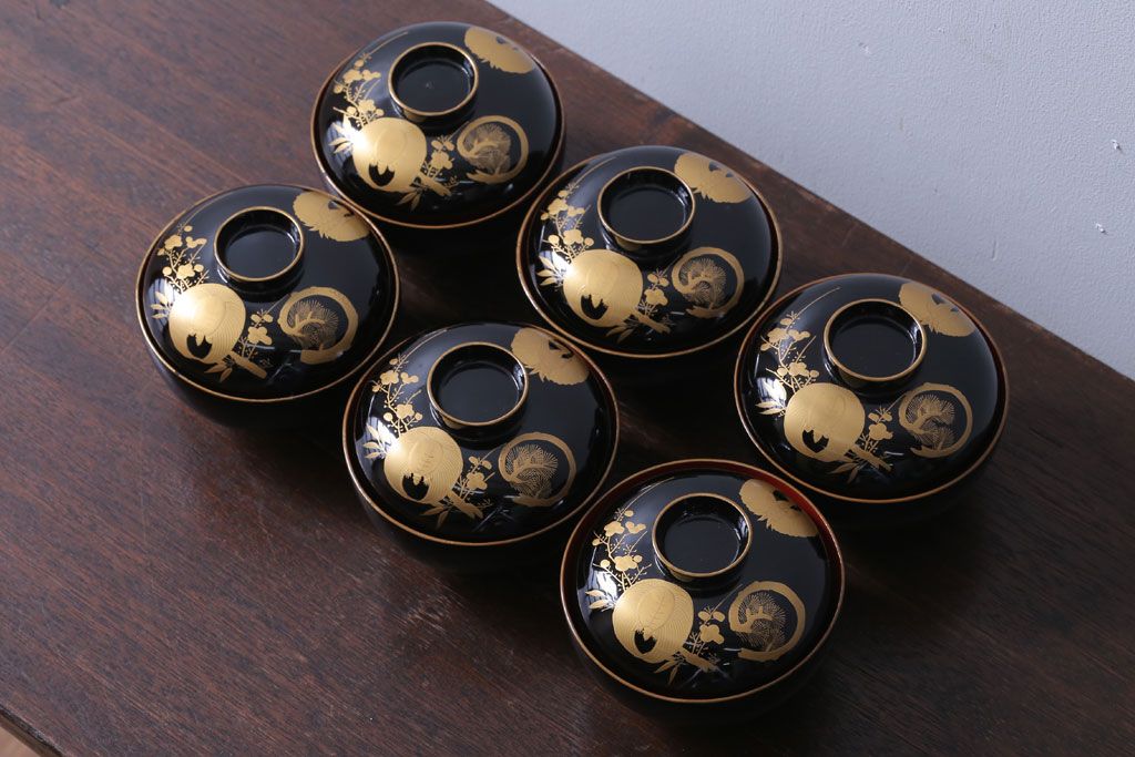 アンティーク雑貨　アンティーク　大正〜昭和初期　木製の鶴亀蒔絵椀6客セット(漆器)