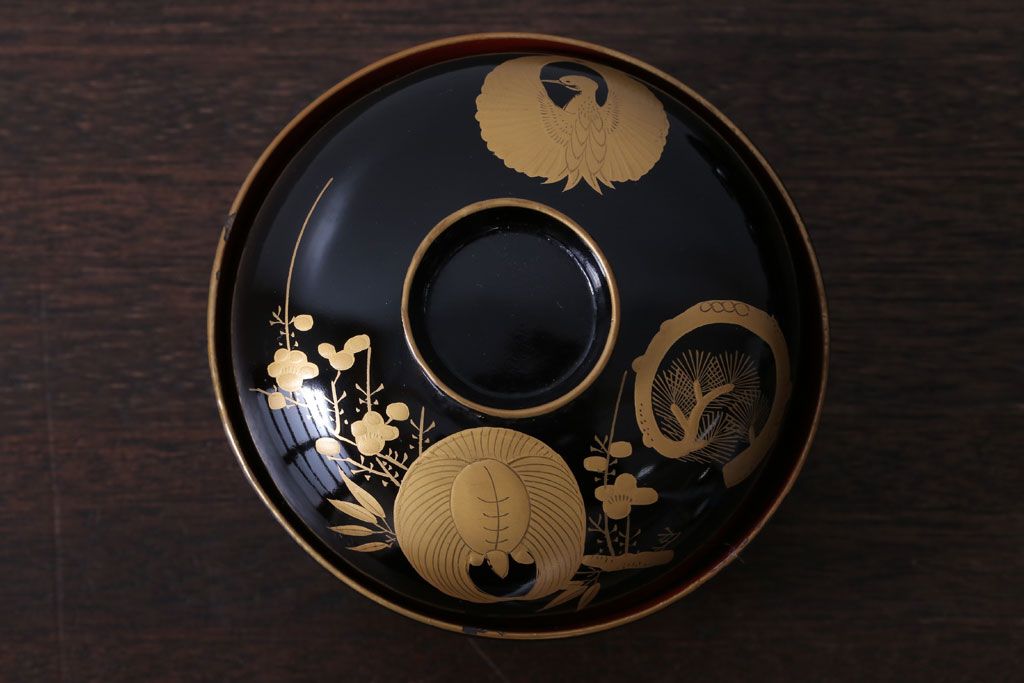 アンティーク雑貨　アンティーク　大正〜昭和初期　木製の鶴亀蒔絵椀6客セット(漆器)