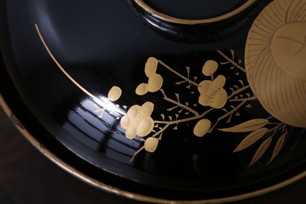 アンティーク雑貨　アンティーク　大正〜昭和初期　木製の鶴亀蒔絵椀6客セット(漆器)