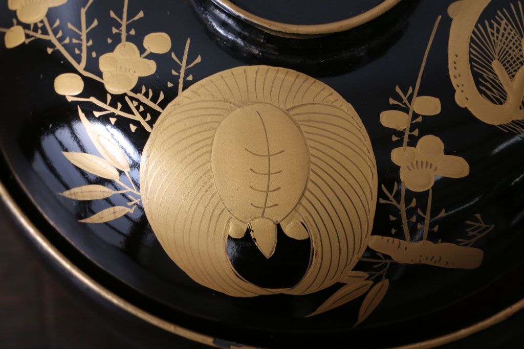 アンティーク雑貨　アンティーク　大正〜昭和初期　木製の鶴亀蒔絵椀6客セット(漆器)