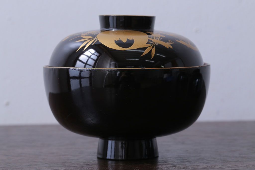 アンティーク雑貨　アンティーク　大正〜昭和初期　木製の鶴亀蒔絵椀6客セット(漆器)