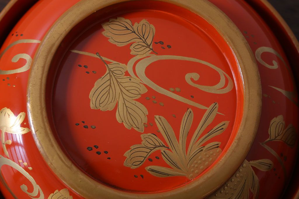 アンティーク雑貨　アンティーク　大正〜昭和初期　木製朱塗蒔絵椀4客セット(漆器)
