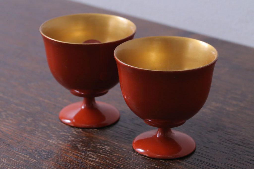アンティーク雑貨　大正〜昭和初期　鶴亀の図　木製蒔絵盃2客(漆器・杯)
