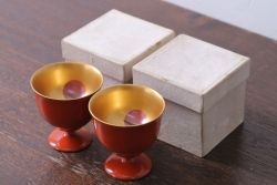 大正〜昭和初期　鶴亀の図　木製蒔絵盃2客(漆器・杯)(2)
