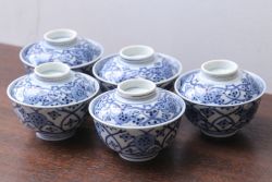 アンティーク雑貨　明治〜大正　染付蓋茶碗5客(3)