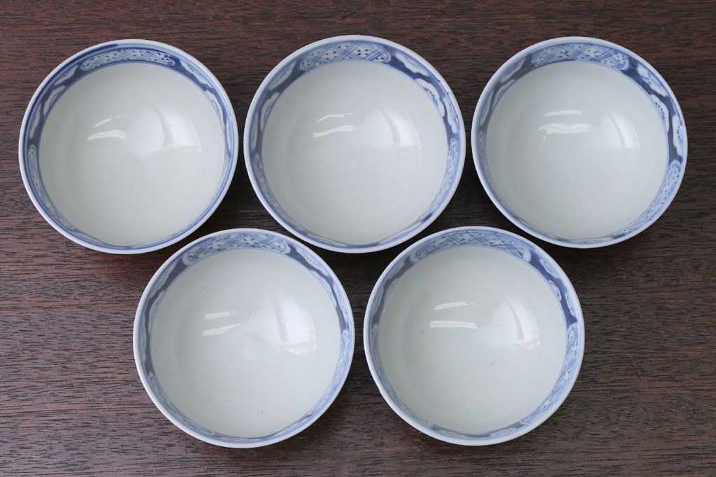 アンティーク雑貨　明治〜大正　染付蓋茶碗5客(3)