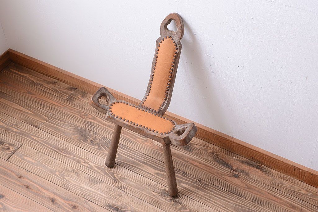 中古　アジアン家具　本革座面のチェア(椅子)(2)