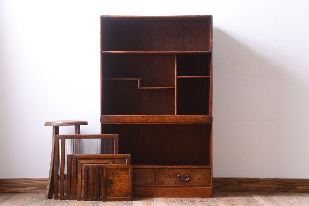 アンティーク家具　和製アンティーク　モールガラス入り!古い木の重ね茶棚(茶箪笥)