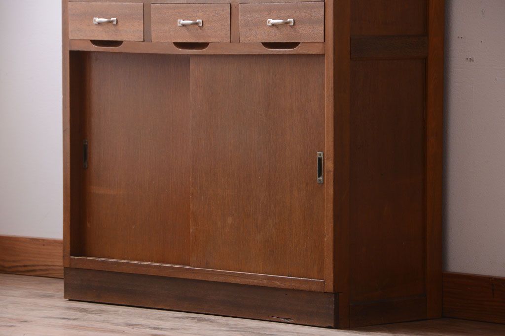 レトロ家具　昭和レトロ　デザインガラス戸!古い木のアンティーク食器棚