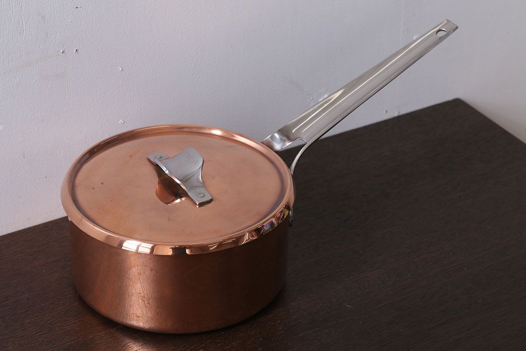 アンティーク雑貨　ビンテージ　デンマークGeorg Jensen(ジョージ・ジェンセン) 銅製の片手鍋(蓋付き)