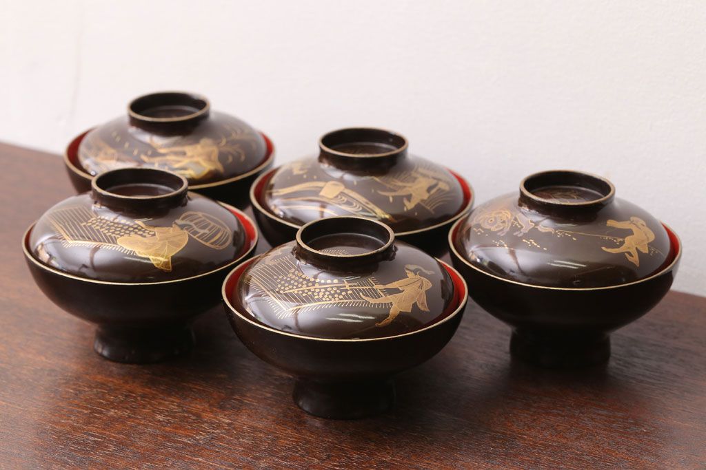 古民具・骨董　図変わり蒔絵の木製椀5客セット(漆器)