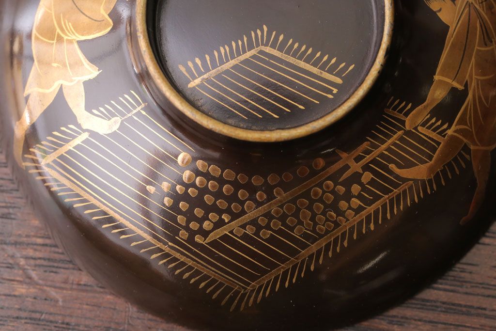 古民具・骨董　図変わり蒔絵の木製椀5客セット(漆器)
