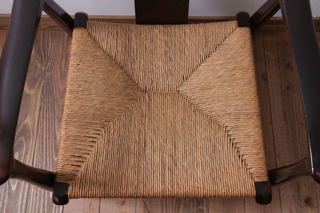 中古　松本民芸家具　77型　曲肘　ラッシ座面アームチェア