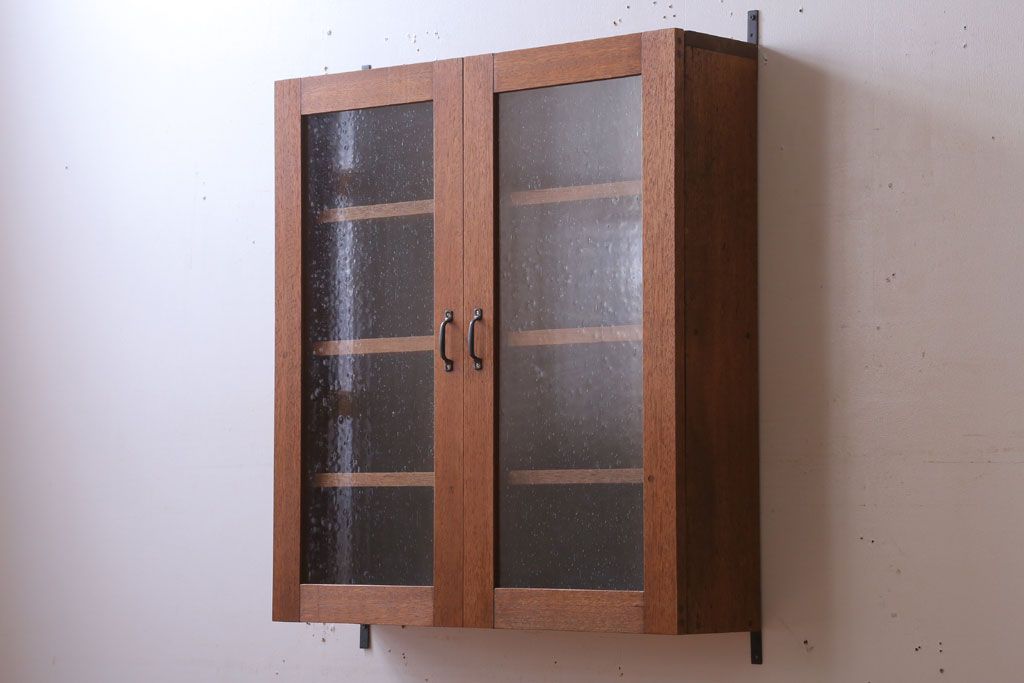 【A様加工費込みご決済用】アンティーク　気泡ガラス入り!古い木のシンプルな壁掛け戸棚(2)