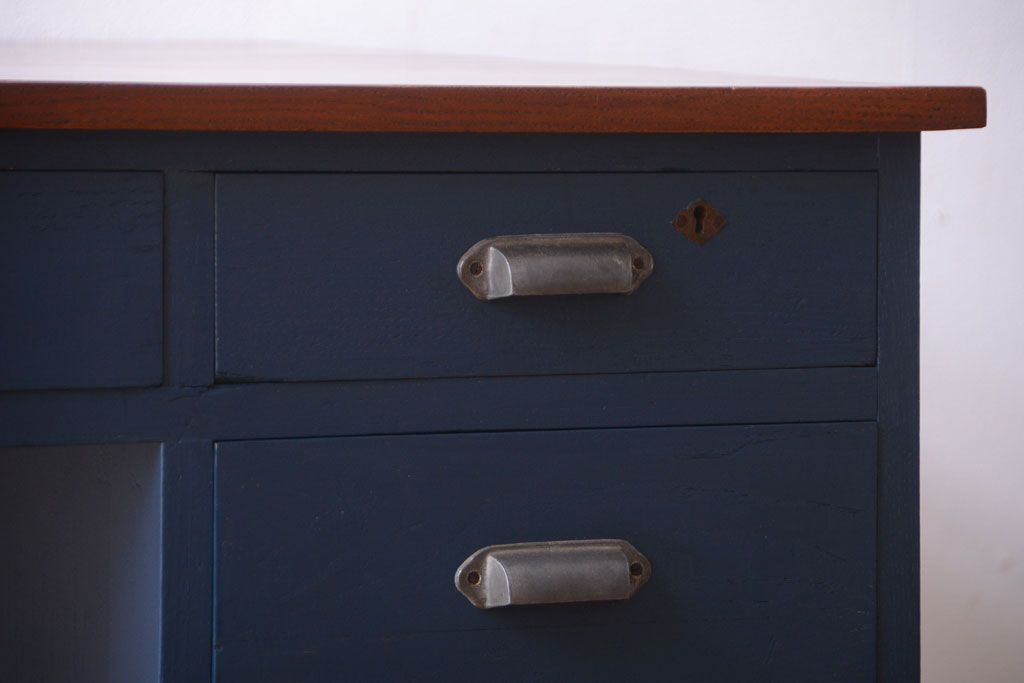 アンティーク家具　アンティーク 古い木製のネイビーペイント片袖机