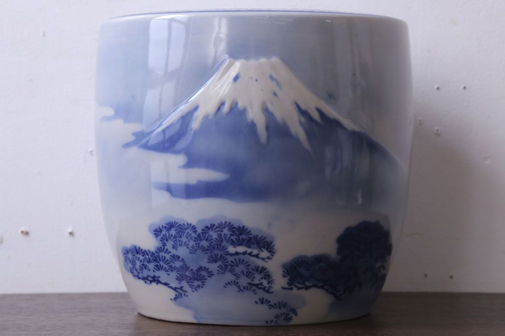 アンティーク雑貨　古民具・骨董　富士山　鶴松の図　古い瀬戸火鉢