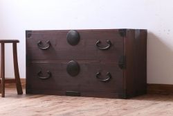 アンティーク家具　古民具・骨董　シンプルな丸金具の時代箪笥ローボード(1)