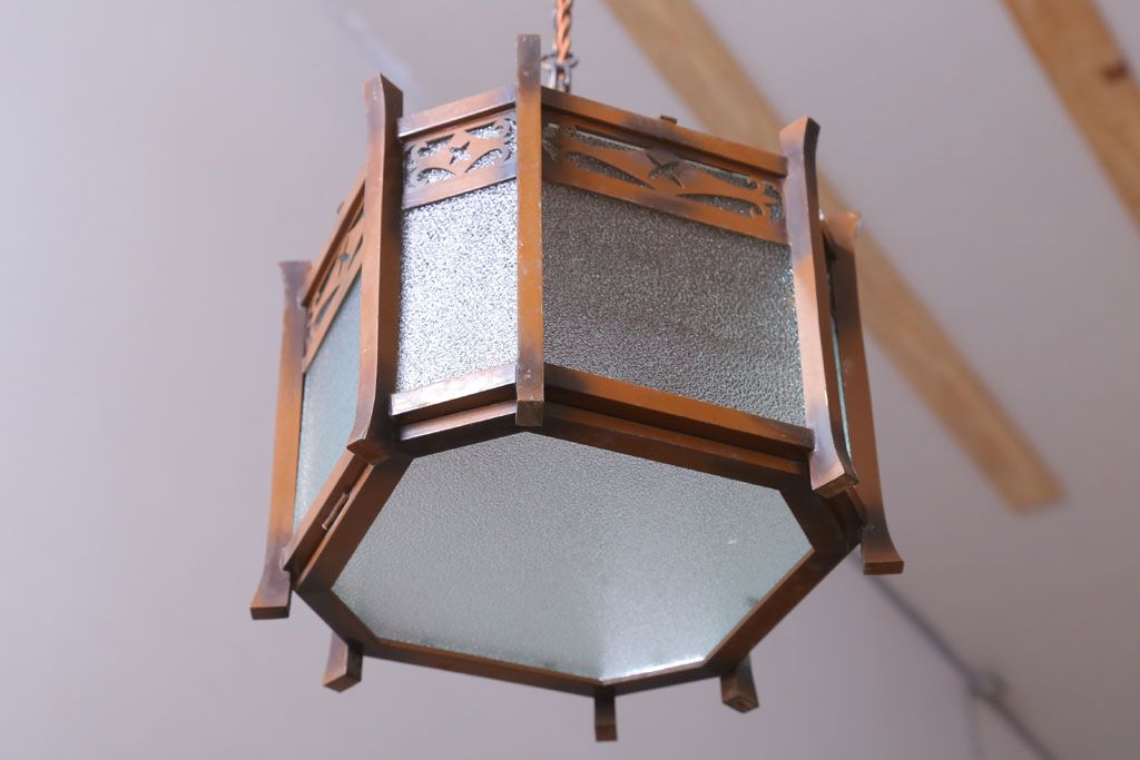 和製アンティーク　真鍮製　八角ガラスシェードの天井照明