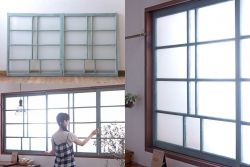 アンティークペイント　すり・ダイヤガラス入り!ガラス戸2枚セット(窓)(2)