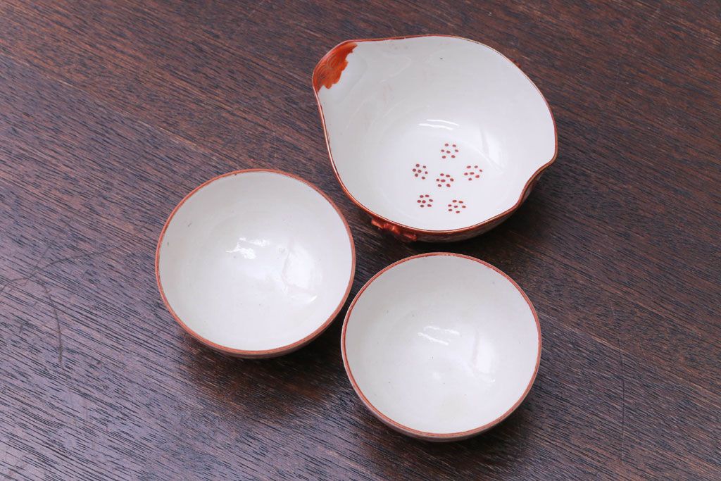 アンティーク雑貨　古民具・骨董　明治〜大正　九谷赤絵茶碗など3点セット