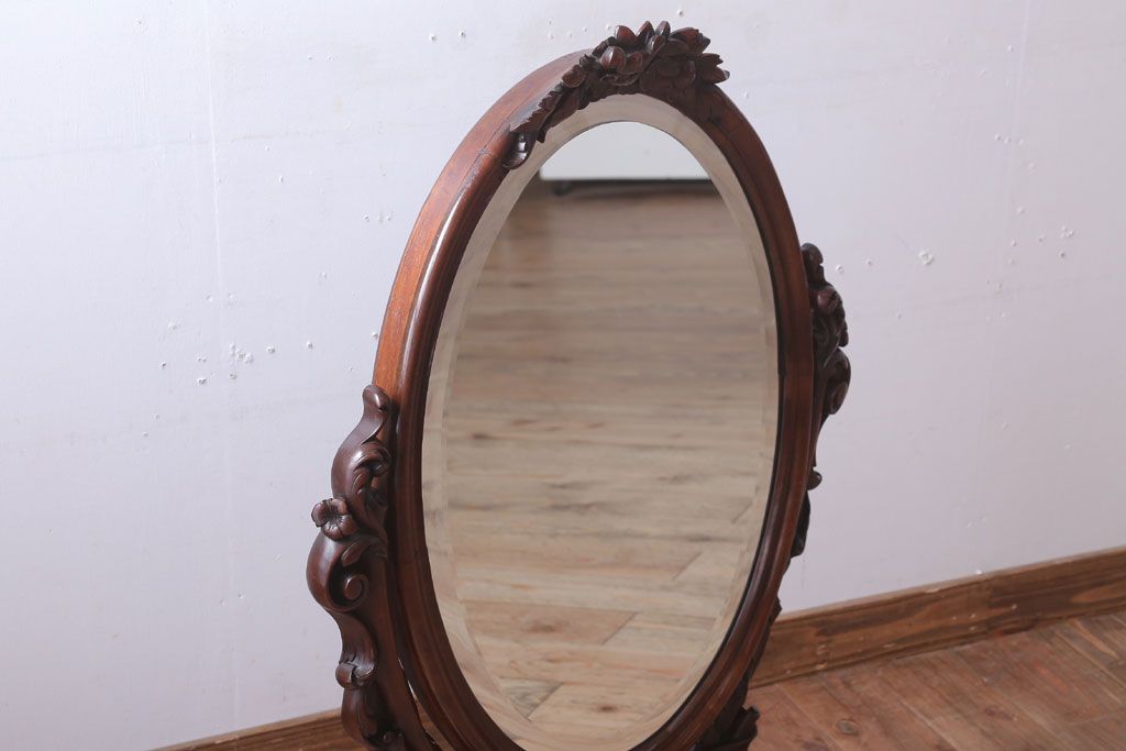 アンティーク雑貨　イギリスアンティーク　最高級!彫刻が美しいマホガニー材の置き鏡(卓上ミラー)
