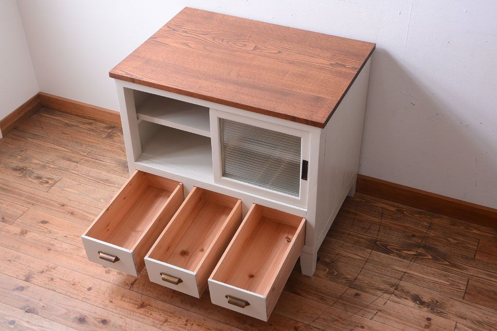 アンティーク家具　アンティークペイント　栗材天板のリメイクカウンターテーブル