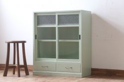 アンティーク家具　ペイント　引き出し2杯付き!ダイヤガラス入りアンティーク戸棚(収納棚)