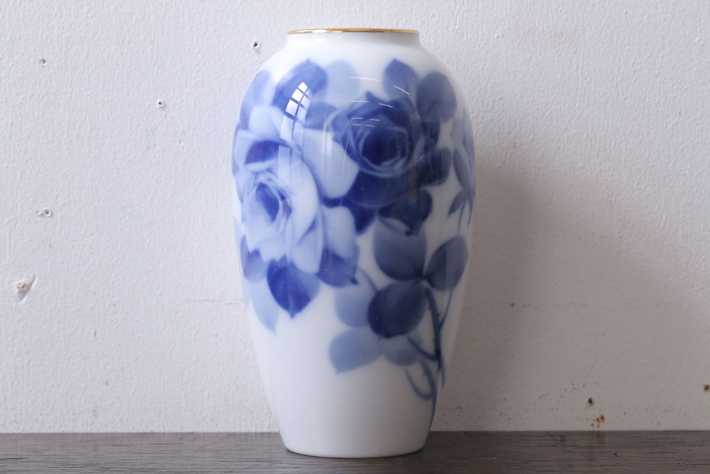 アンティーク雑貨　中古　大倉陶園(おおくらとうえん)　ブルーローズ　15cm　花器
