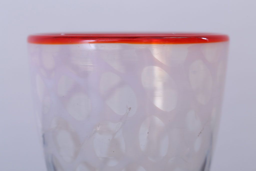 アンティーク雑貨　アンティーク　当時物　赤縁乳白水玉氷コップ(1)