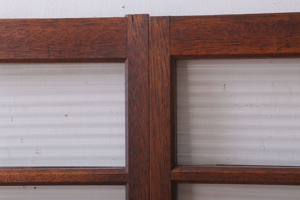 アンティーク　レトロな古い木味のモールガラス入り引き戸2枚セット(窓)