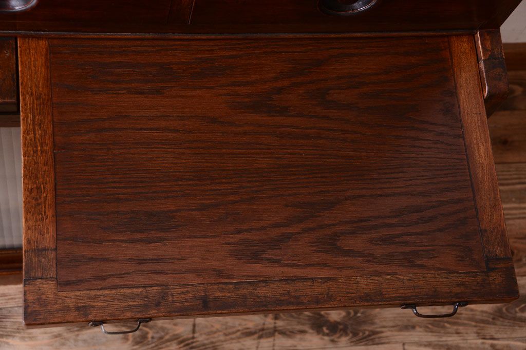 レトロ家具　昭和レトロ　モールガラス入り　ナラ材のアンティーク食器棚(カップボード)