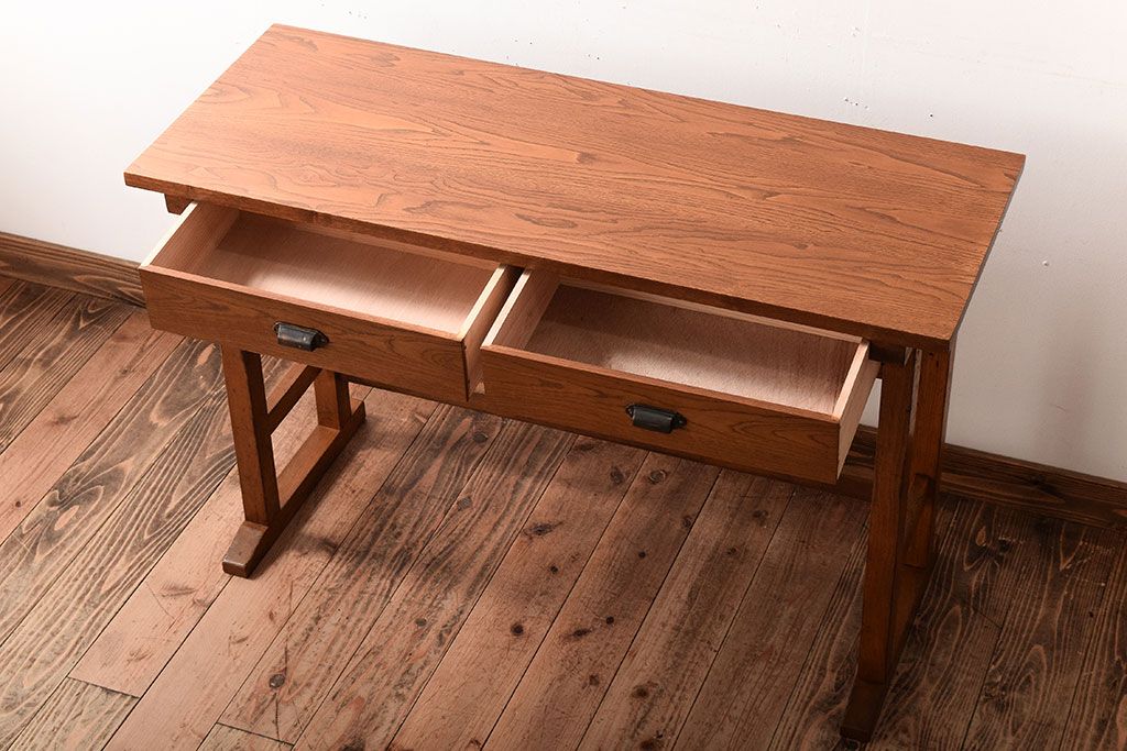 レトロ家具 昭和レトロ 天板栗材!古い木のシンプルな平机(デスク