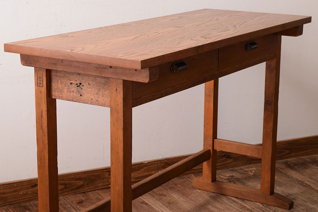レトロ家具　昭和レトロ　天板栗材!古い木のシンプルな平机(デスク・作業台)