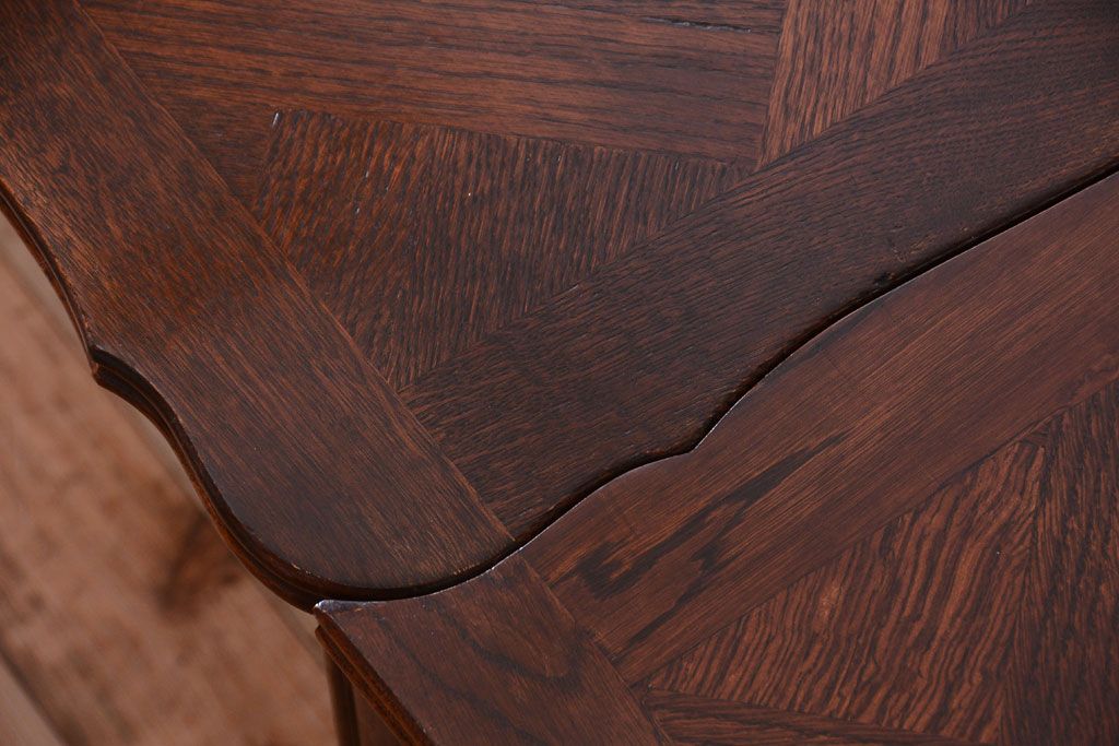 アンティーク家具　パーケット天板　オーク材　フランスアンティーク　猫脚のドローリーフテーブル