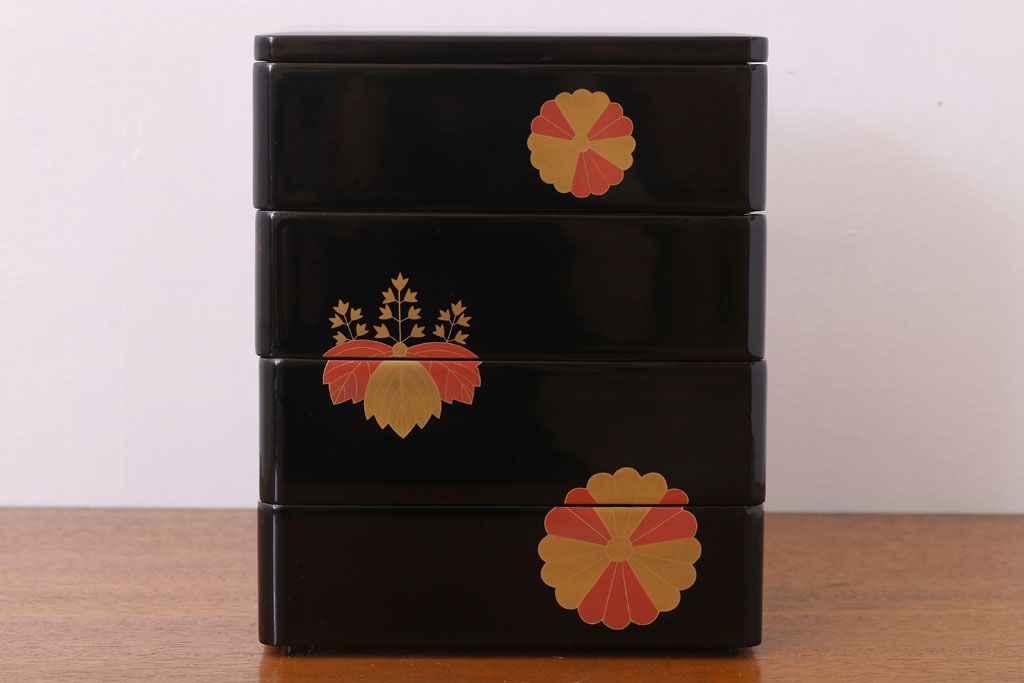 天平堂　漆器　木製　蒔絵　四段重箱　共箱