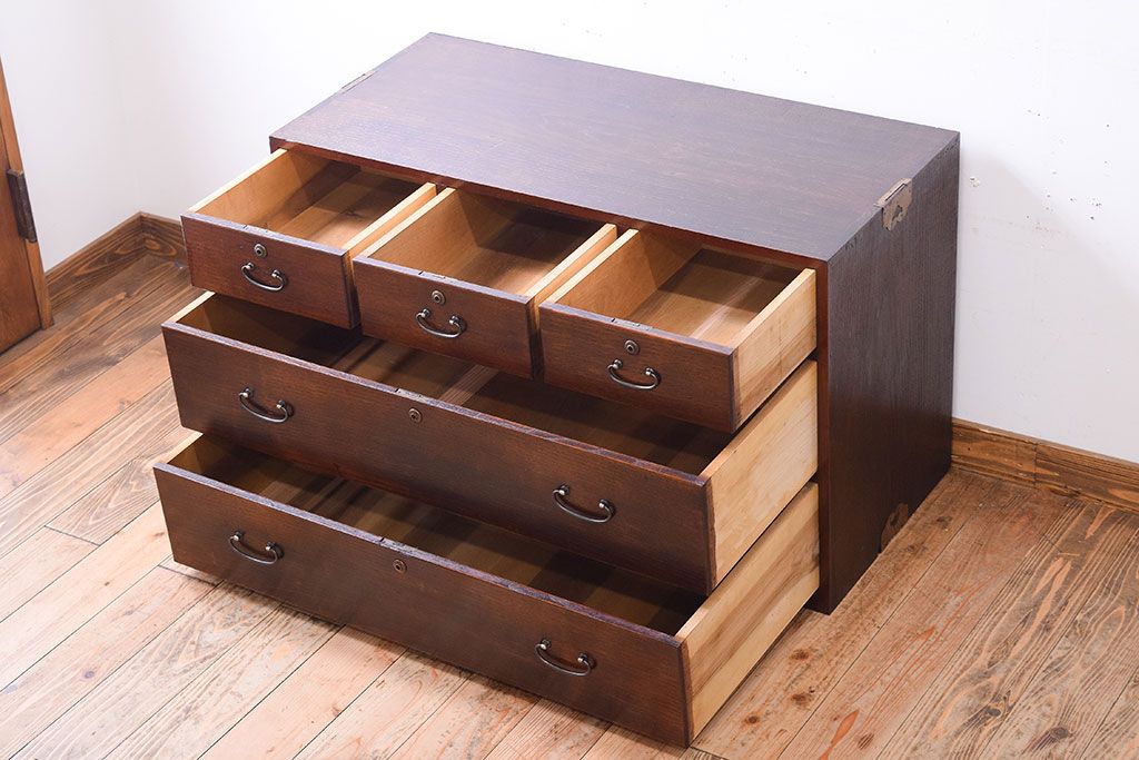 アンティーク家具　三方栗材!古い木製のシンプルな衣装箪笥(時代箪笥ローボード)